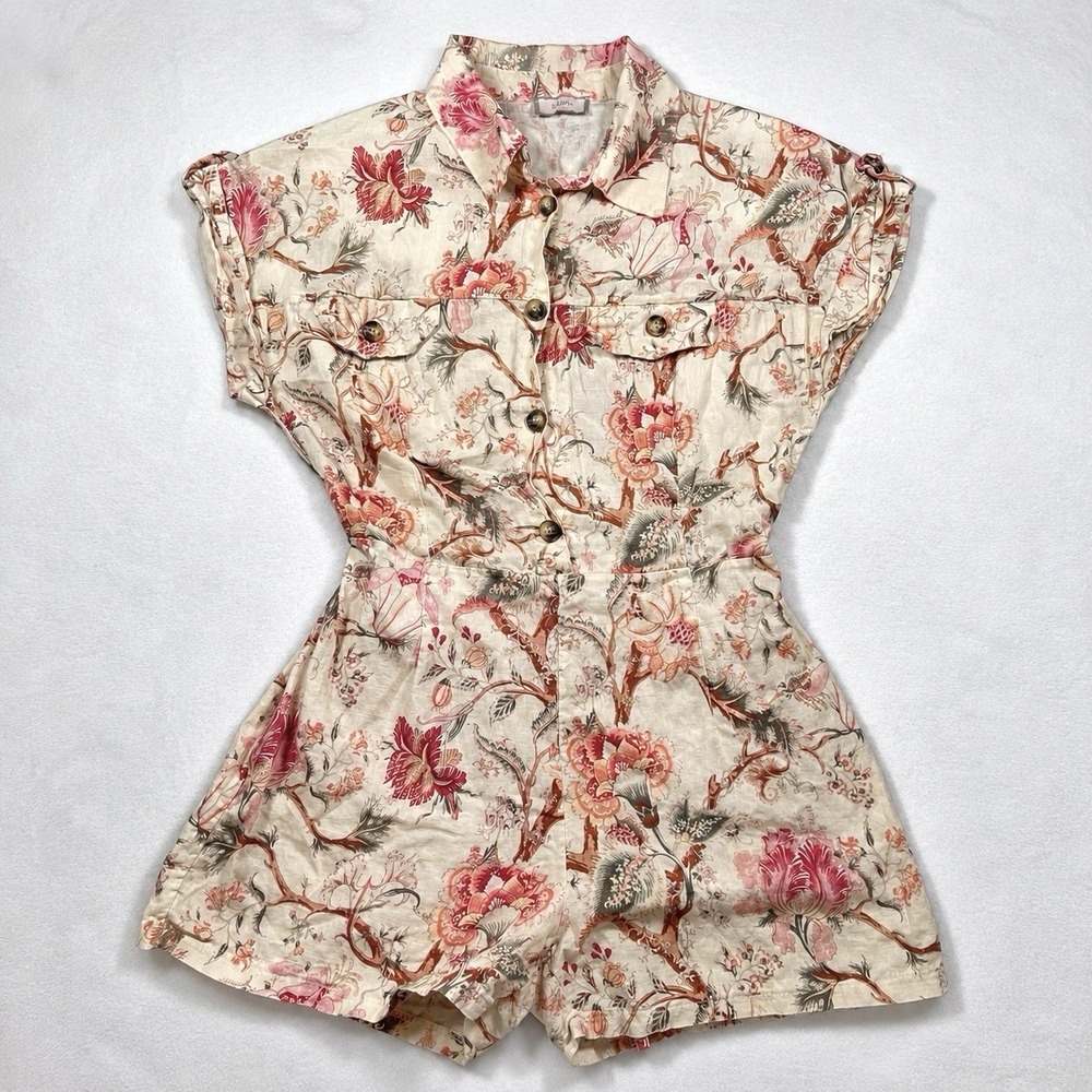 Saiph Made in Italy Floral Linen Blend Button Front Romper Women's Size M